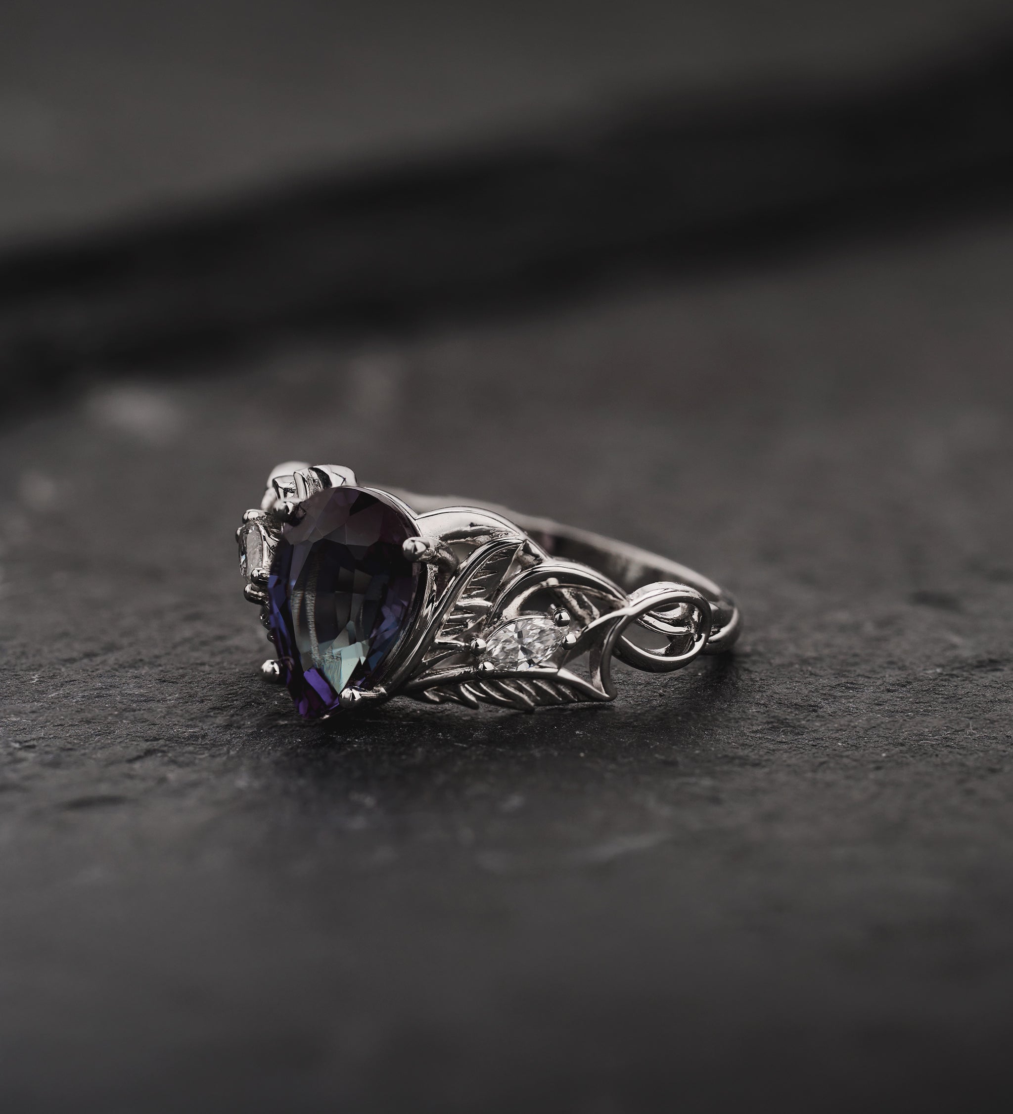 Elvish Ring Set With Color Changing Alexandrite| Nature Motif Ring Set ...