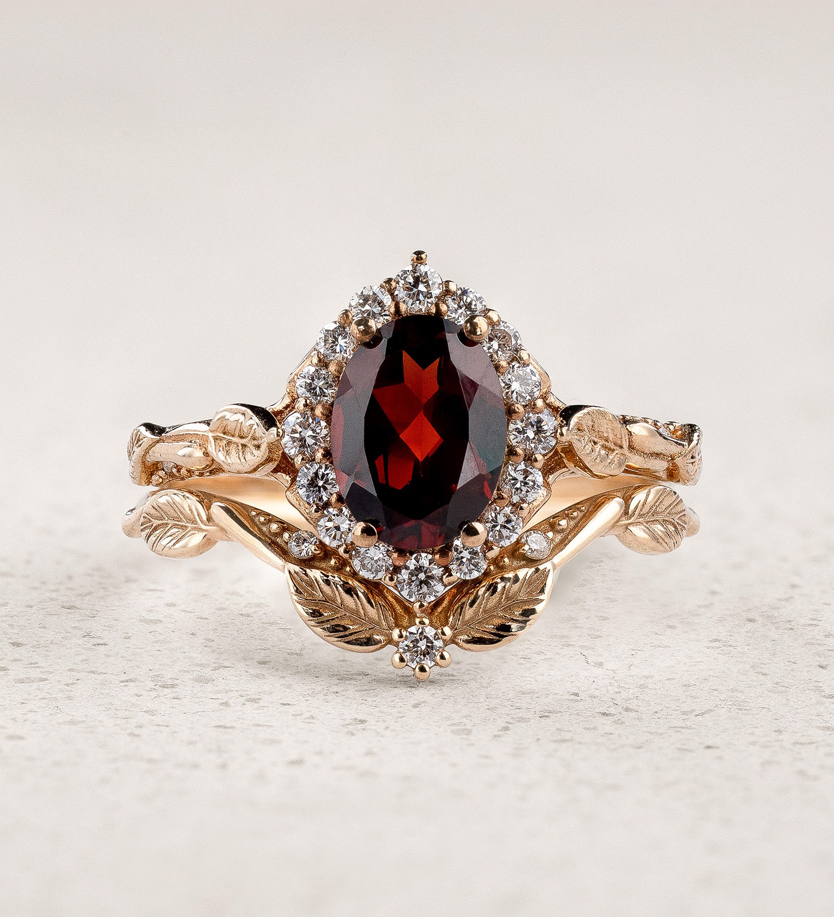 Elegant Bridal Set with Oval Red Garnet Engagement Ring and Perfectly Matching Wedding Band / Florentina - Eden Garden Jewelry™