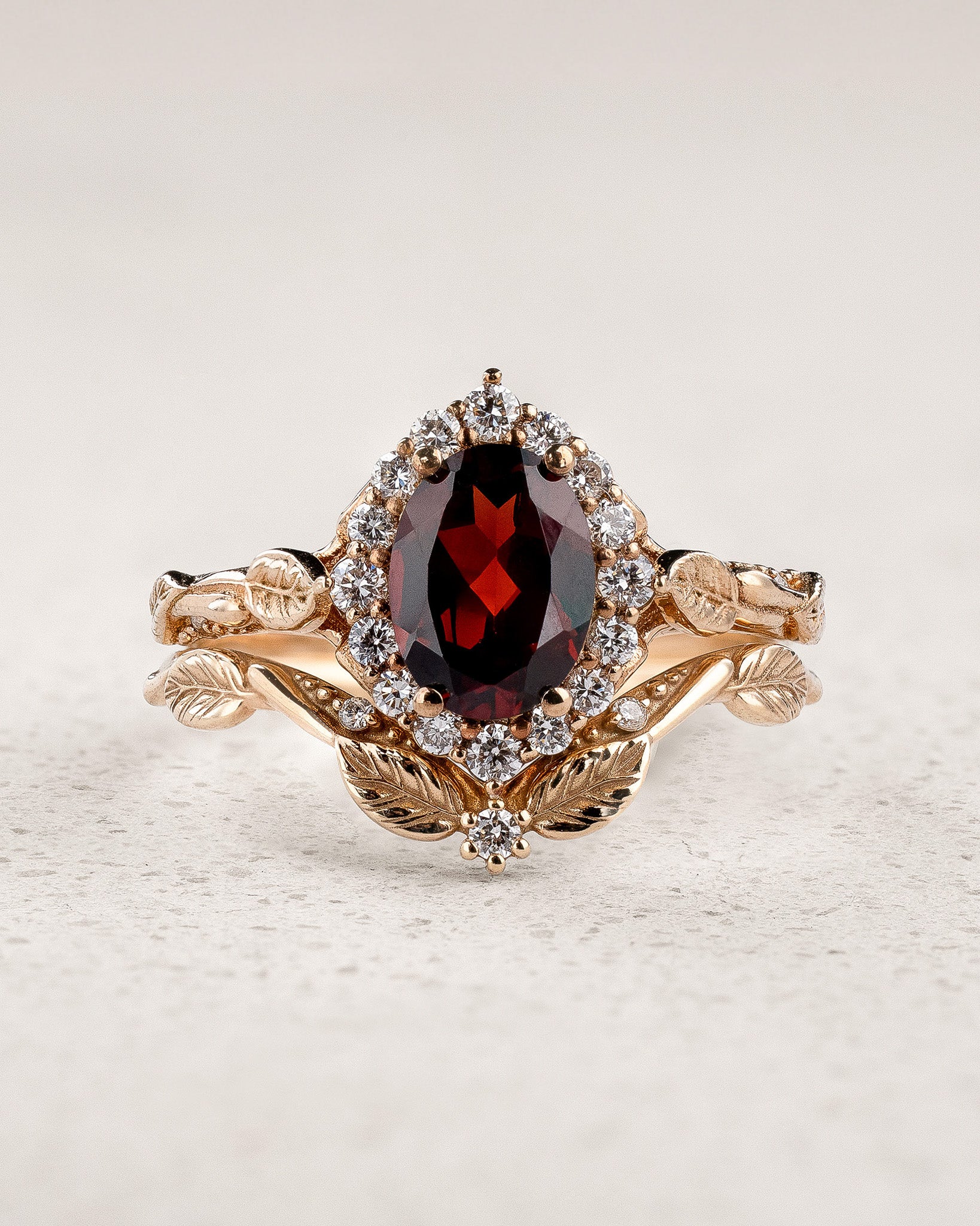 Elegant Bridal Set with Oval Red Garnet Engagement Ring and Perfectly Matching Wedding Band / Florentina - Eden Garden Jewelry™