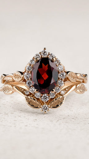 Elegant Bridal Set with Oval Red Garnet Engagement Ring and Perfectly Matching Wedding Band / Florentina - Eden Garden Jewelry™
