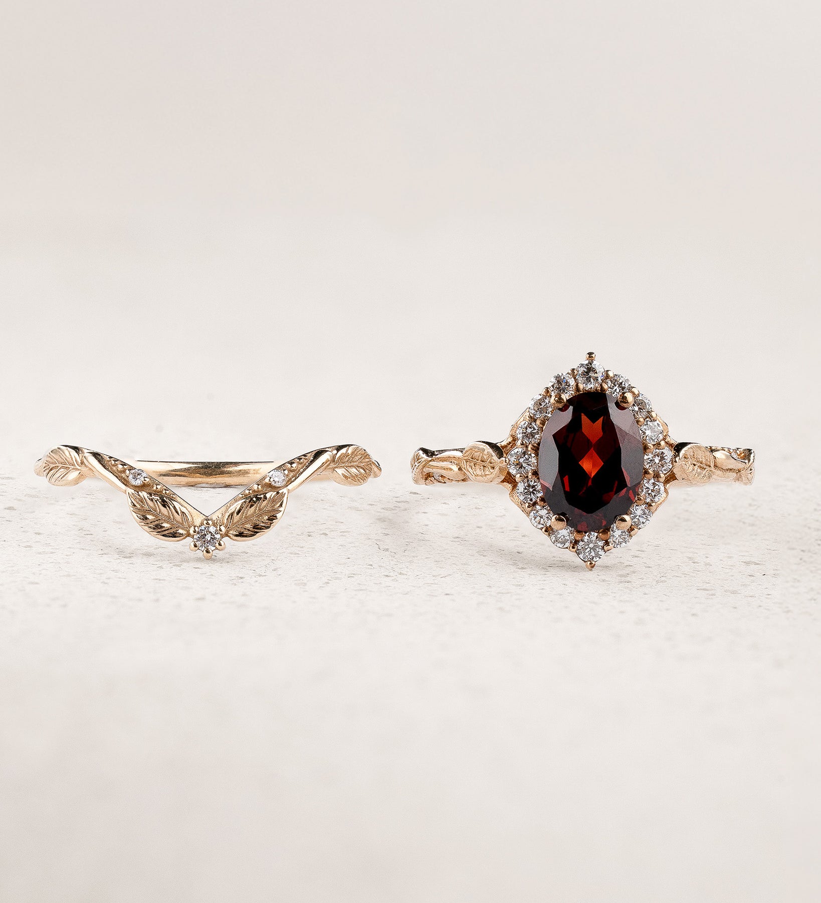 Elegant Bridal Set with Oval Red Garnet Engagement Ring and Perfectly Matching Wedding Band / Florentina - Eden Garden Jewelry™