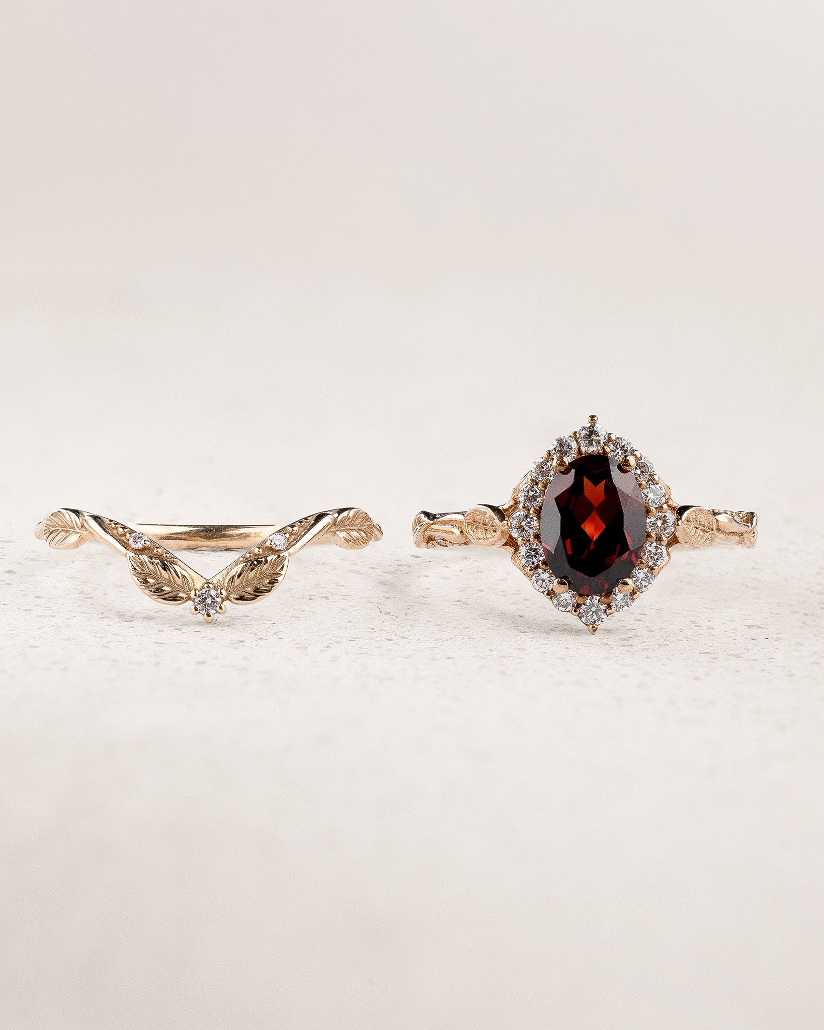 Elegant Bridal Set with Oval Red Garnet Engagement Ring and Perfectly Matching Wedding Band / Florentina - Eden Garden Jewelry™