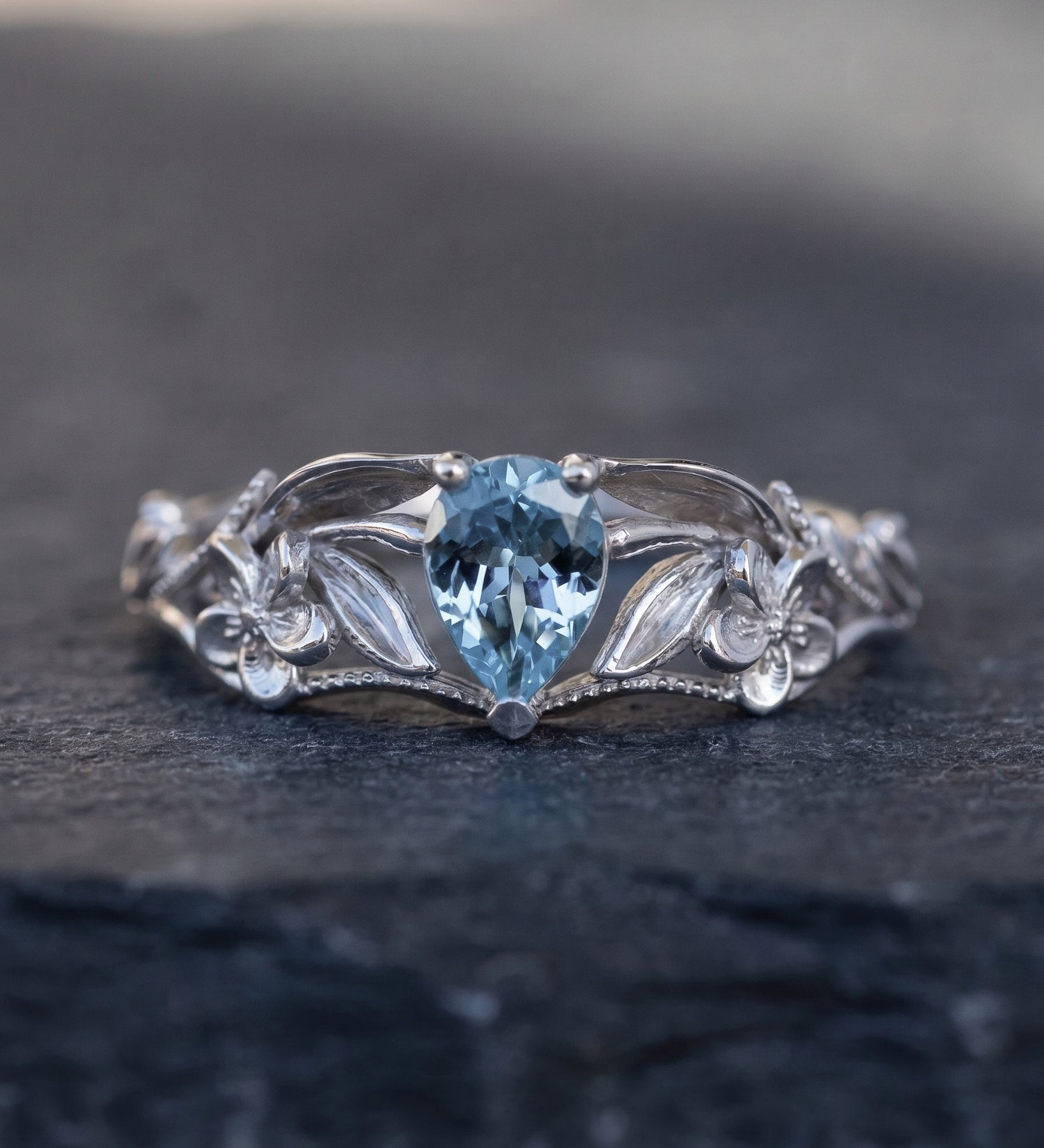 READY TO SHIP Eloise ring in 14K white gold, natural aquamarine pear cut 7x5 mm, AVAILABLE RING SIZE: 7.5 - 10.5 US - Eden Garden Jewelry™