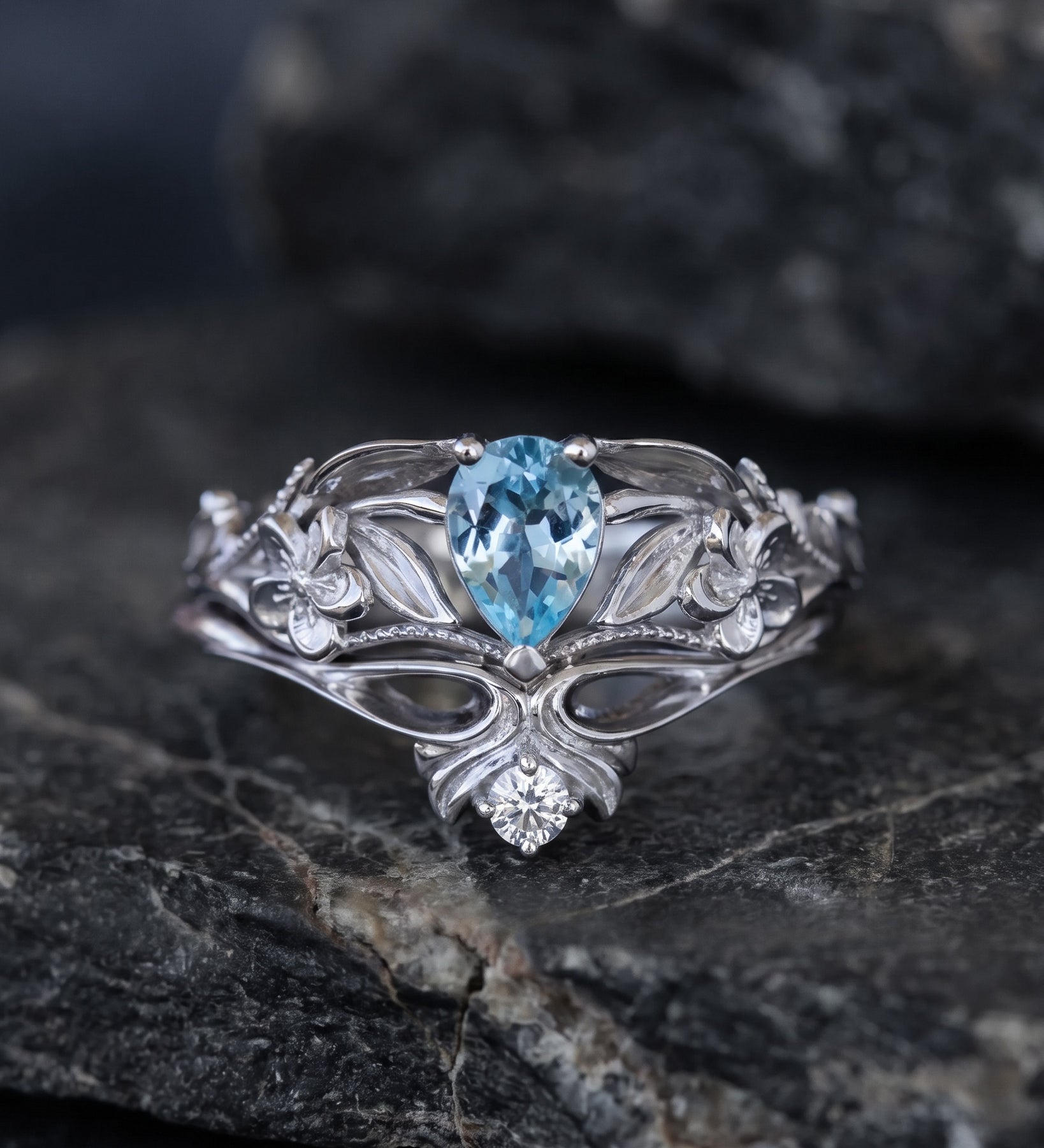 Natural aquamarine engagement ring set, art nouveau flower bridal ring set / Eloise - Eden Garden Jewelry™