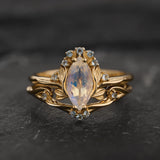 READY TO SHIP Iris bridal ring set with moonstone and aquamarines, 14K yellow gold, AVAILABLE RING SIZES 5.5 - 8.5 US