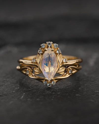 Flower-inspired Engagement Ring with Moonstone and Accent Aquamarines / Iris - Eden Garden Jewelry™