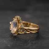 READY TO SHIP Iris bridal ring set with moonstone and aquamarines, 14K yellow gold, AVAILABLE RING SIZES 5.5 - 8.5 US