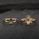 READY TO SHIP Iris bridal ring set with moonstone and aquamarines, 14K yellow gold, AVAILABLE RING SIZES 5.5 - 8.5 US