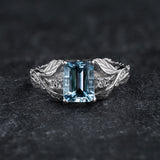 Engagement Ring with Emerald-Cut Aquamarine Framed by Leaves / Clematis - Eden Garden Jewelry™
