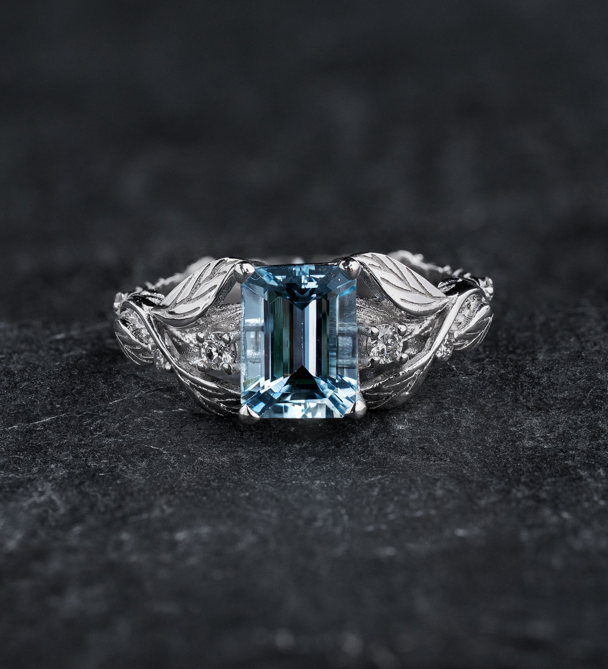 Engagement Ring with Emerald-Cut Aquamarine Framed by Leaves / Clematis - Eden Garden Jewelry™