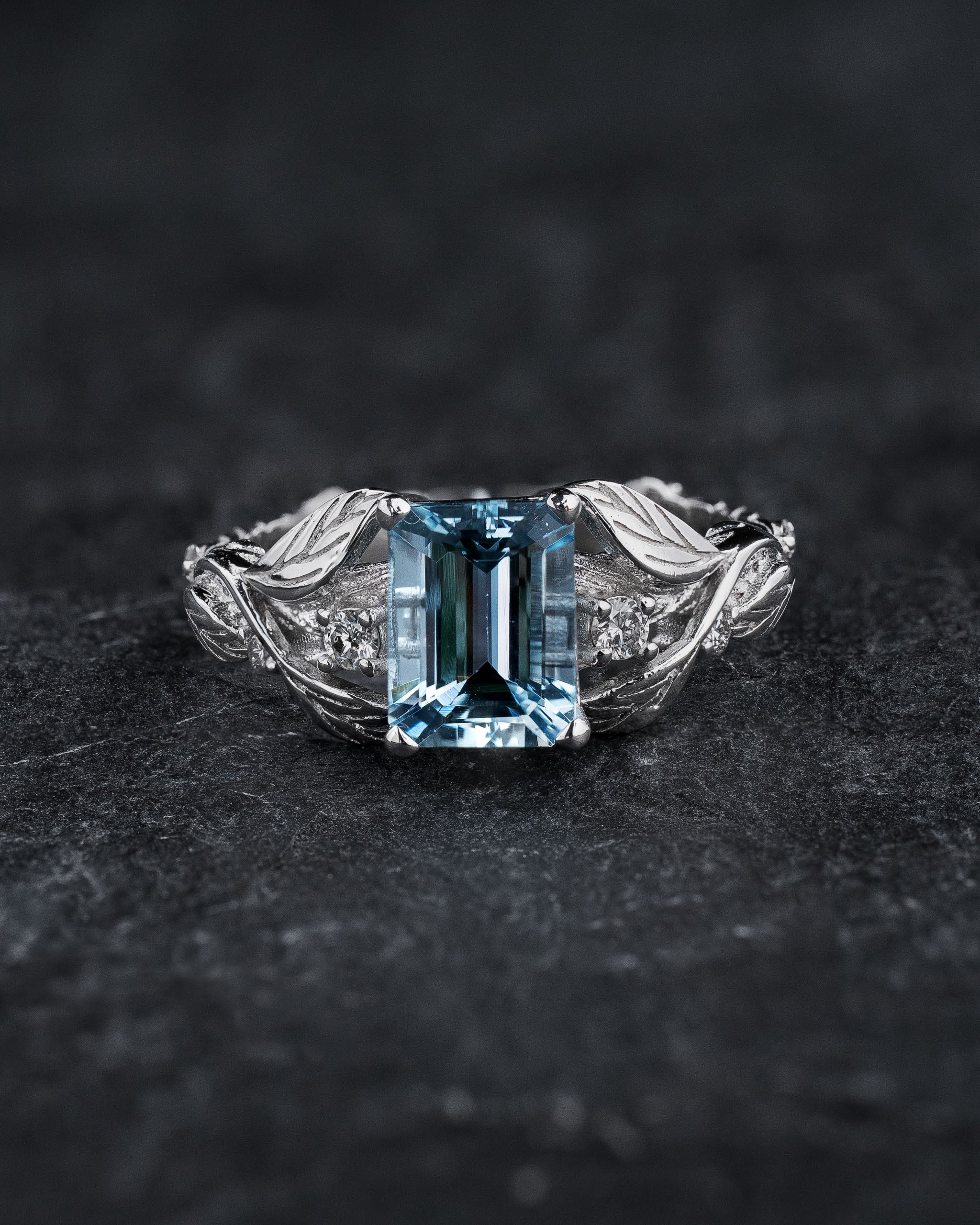 Engagement Ring with Emerald-Cut Aquamarine Framed by Leaves / Clematis - Eden Garden Jewelry™