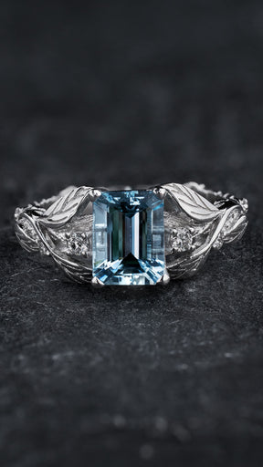 Engagement Ring with Emerald-Cut Aquamarine Framed by Leaves / Clematis - Eden Garden Jewelry™