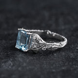 Engagement Ring with Emerald-Cut Aquamarine Framed by Leaves / Clematis - Eden Garden Jewelry™