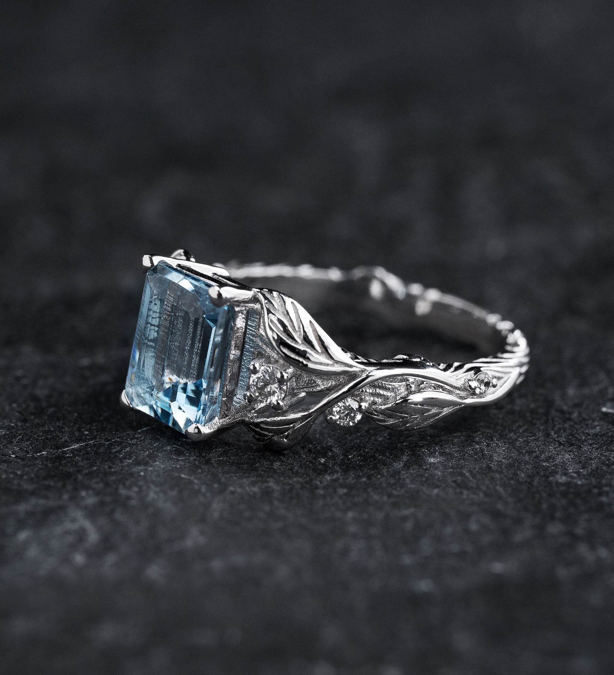 Engagement Ring with Emerald-Cut Aquamarine Framed by Leaves / Clematis - Eden Garden Jewelry™