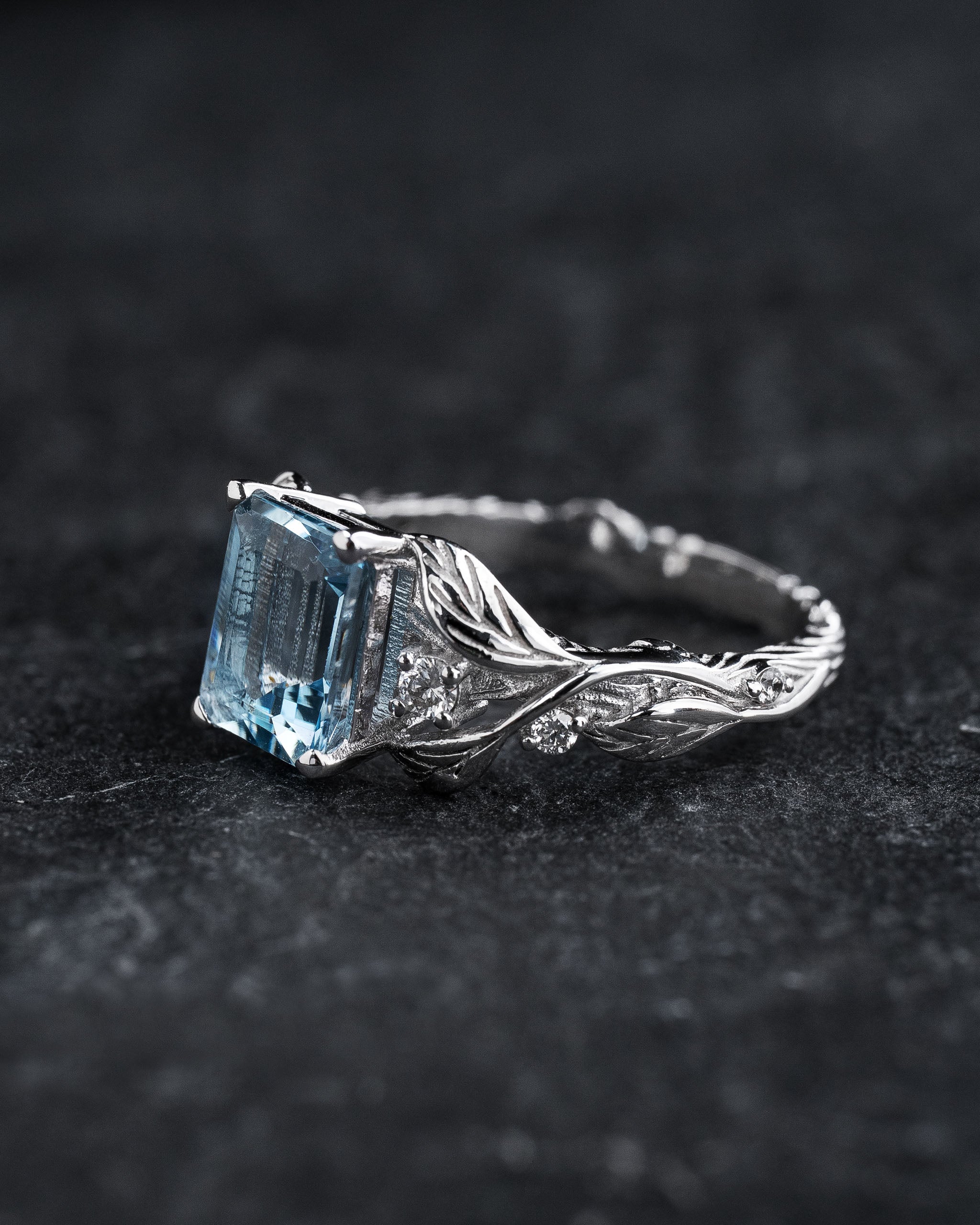 Engagement Ring with Emerald-Cut Aquamarine Framed by Leaves / Clematis - Eden Garden Jewelry™