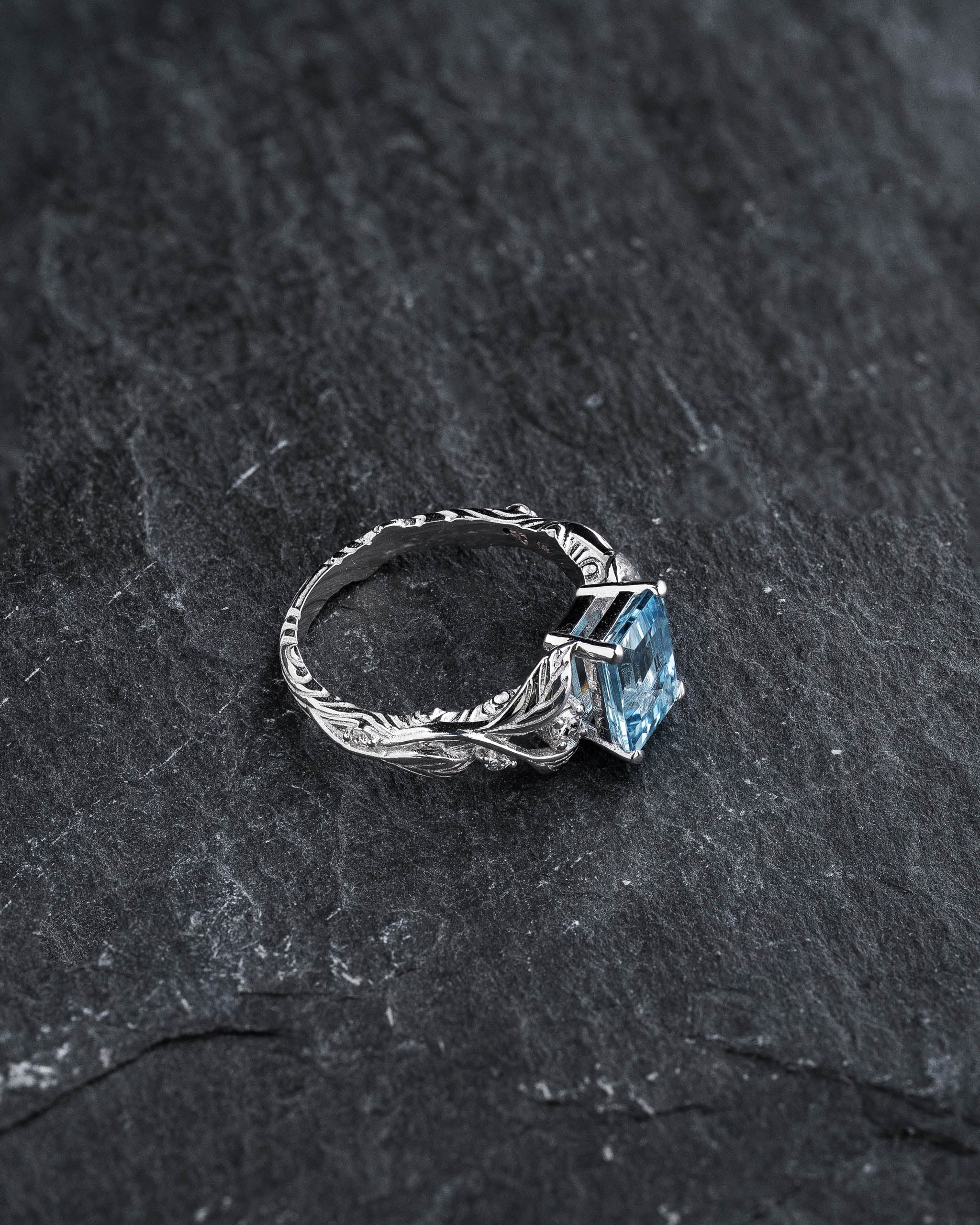 Engagement Ring with Emerald-Cut Aquamarine Framed by Leaves / Clematis - Eden Garden Jewelry™