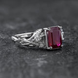 Engagement Ring with Emerald-Cut (Natural) Ruby in Leafy Design / Patricia - Eden Garden Jewelry™