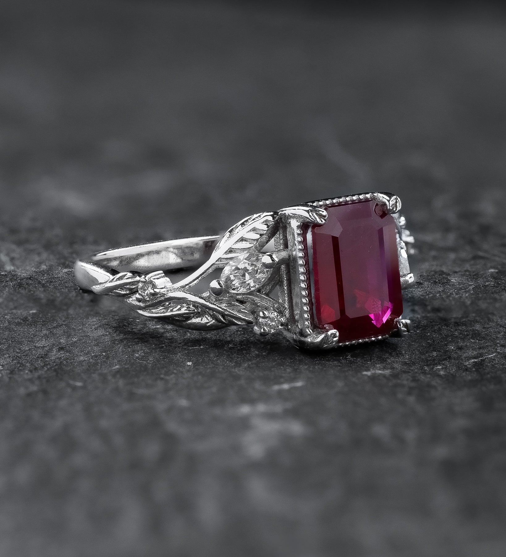 Engagement Ring with Emerald-Cut (Natural) Ruby in Leafy Design / Patricia - Eden Garden Jewelry™