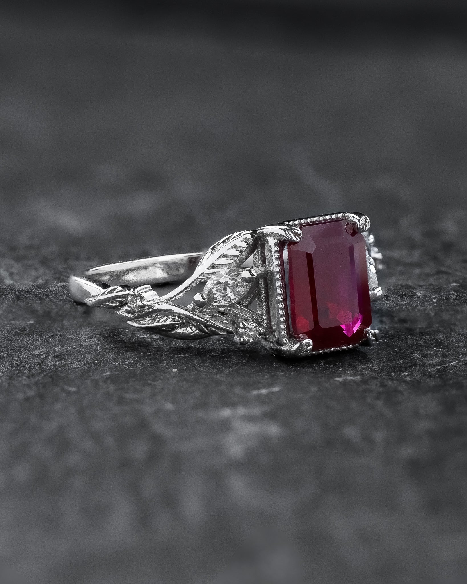 Engagement Ring with Emerald-Cut (Natural) Ruby in Leafy Design / Patricia - Eden Garden Jewelry™