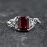 Engagement Ring with Emerald-Cut (Natural) Ruby in Leafy Design / Patricia - Eden Garden Jewelry™