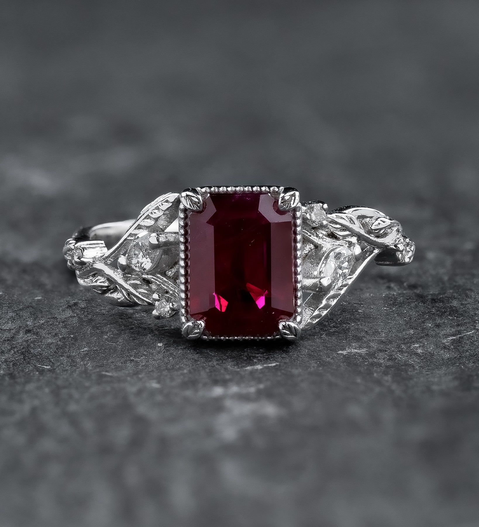 Engagement Ring with Emerald-Cut (Natural) Ruby in Leafy Design / Patricia - Eden Garden Jewelry™