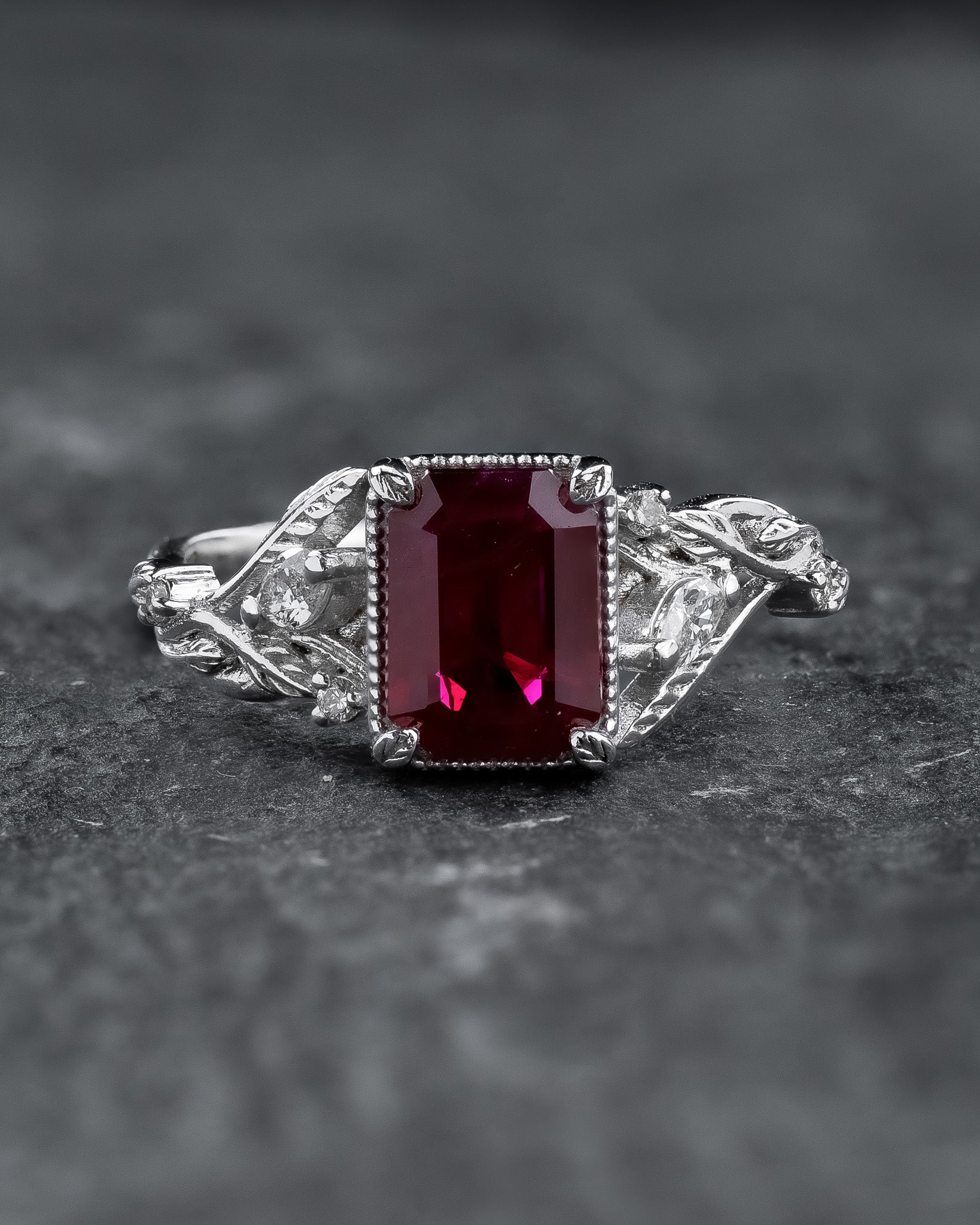 Engagement Ring with Emerald-Cut (Natural) Ruby in Leafy Design / Patricia - Eden Garden Jewelry™