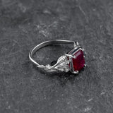 Engagement Ring with Emerald-Cut (Natural) Ruby in Leafy Design / Patricia - Eden Garden Jewelry™
