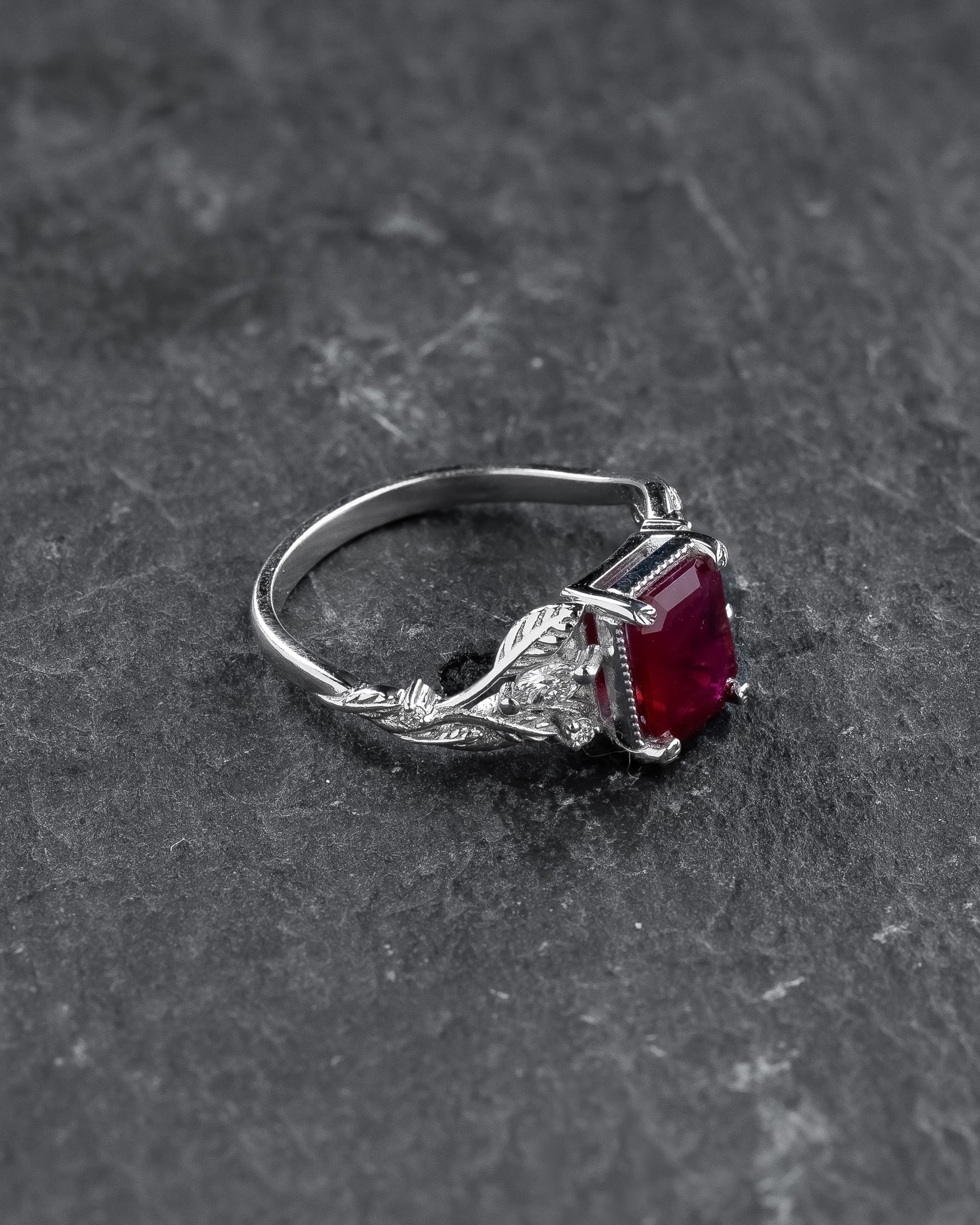 Engagement Ring with Emerald-Cut (Natural) Ruby in Leafy Design / Patricia - Eden Garden Jewelry™