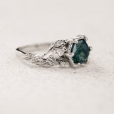 Engagement Ring with Hexagon-Cut Green Moss Agate / Patricia - Eden Garden Jewelry™