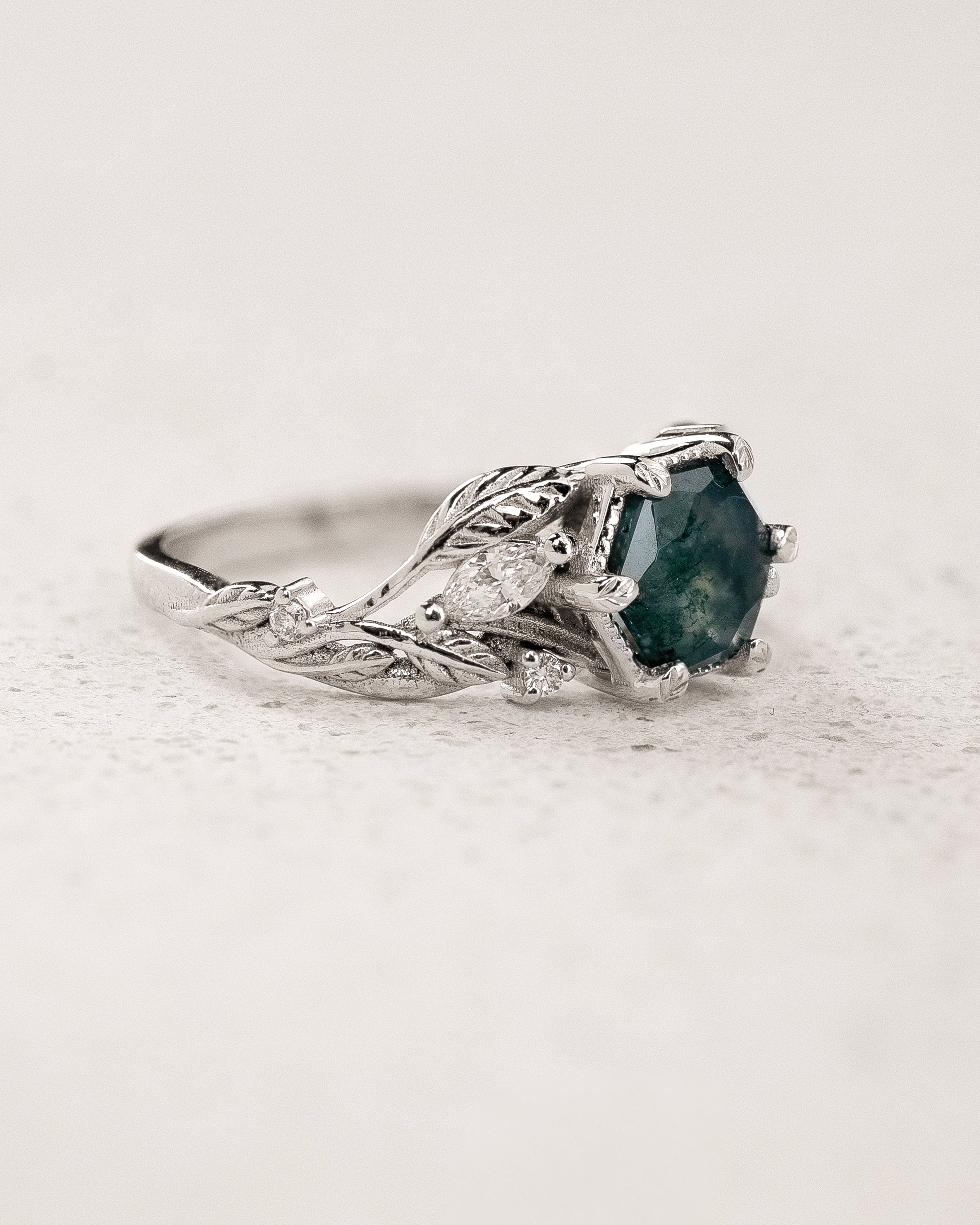 Engagement Ring with Hexagon-Cut Green Moss Agate / Patricia - Eden Garden Jewelry™