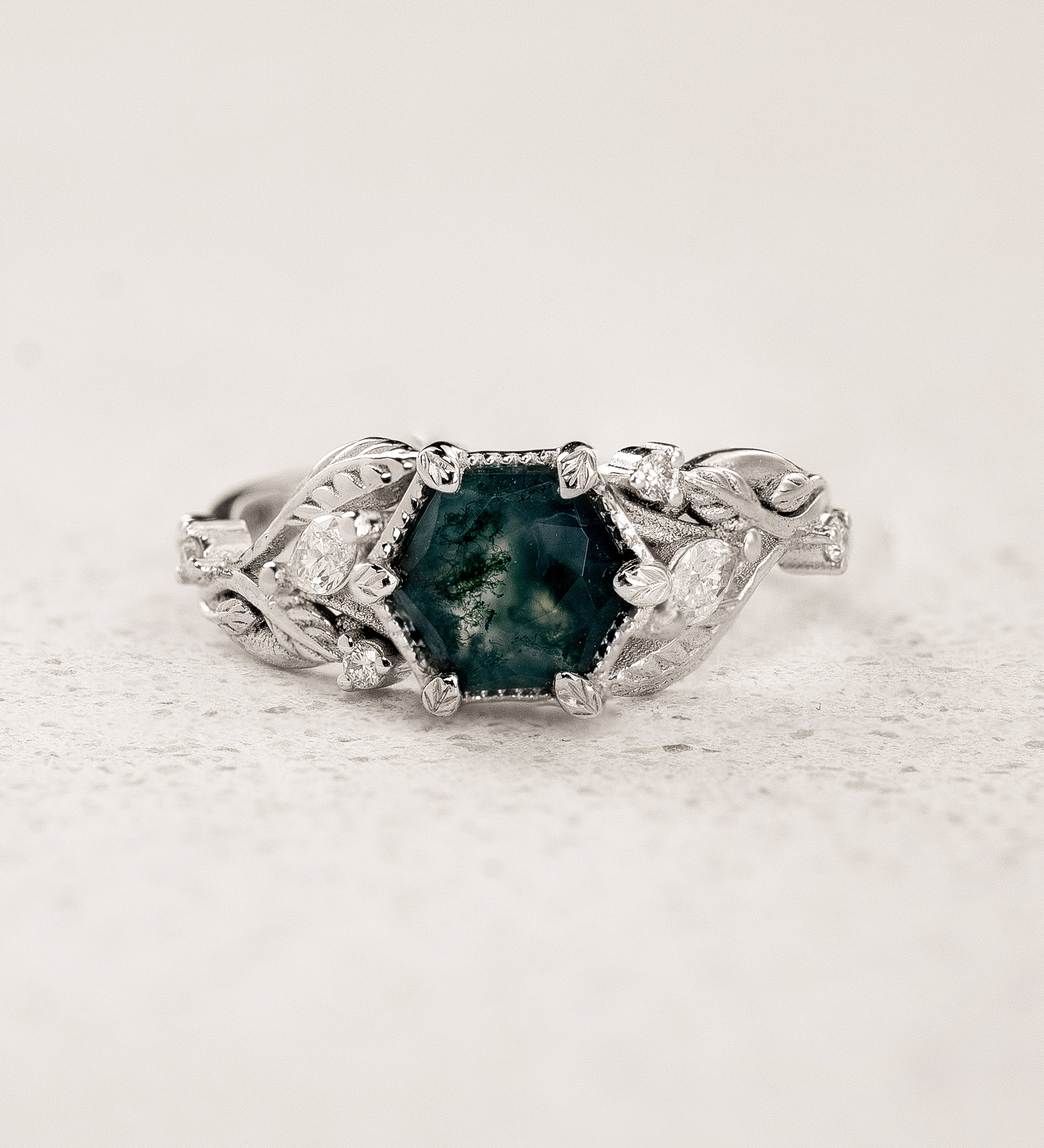 Engagement Ring with Hexagon-Cut Green Moss Agate / Patricia - Eden Garden Jewelry™
