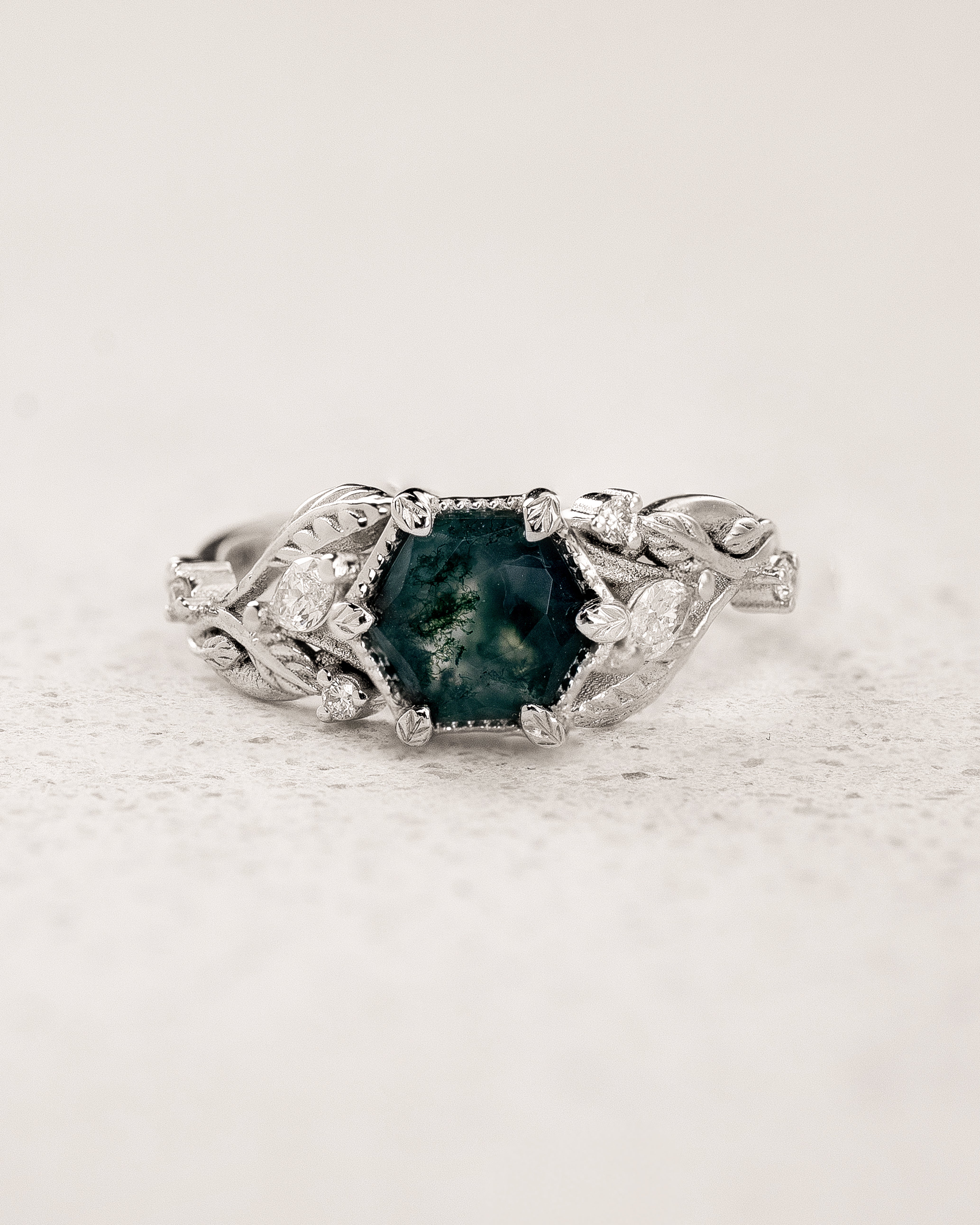 Engagement Ring with Hexagon-Cut Green Moss Agate / Patricia - Eden Garden Jewelry™