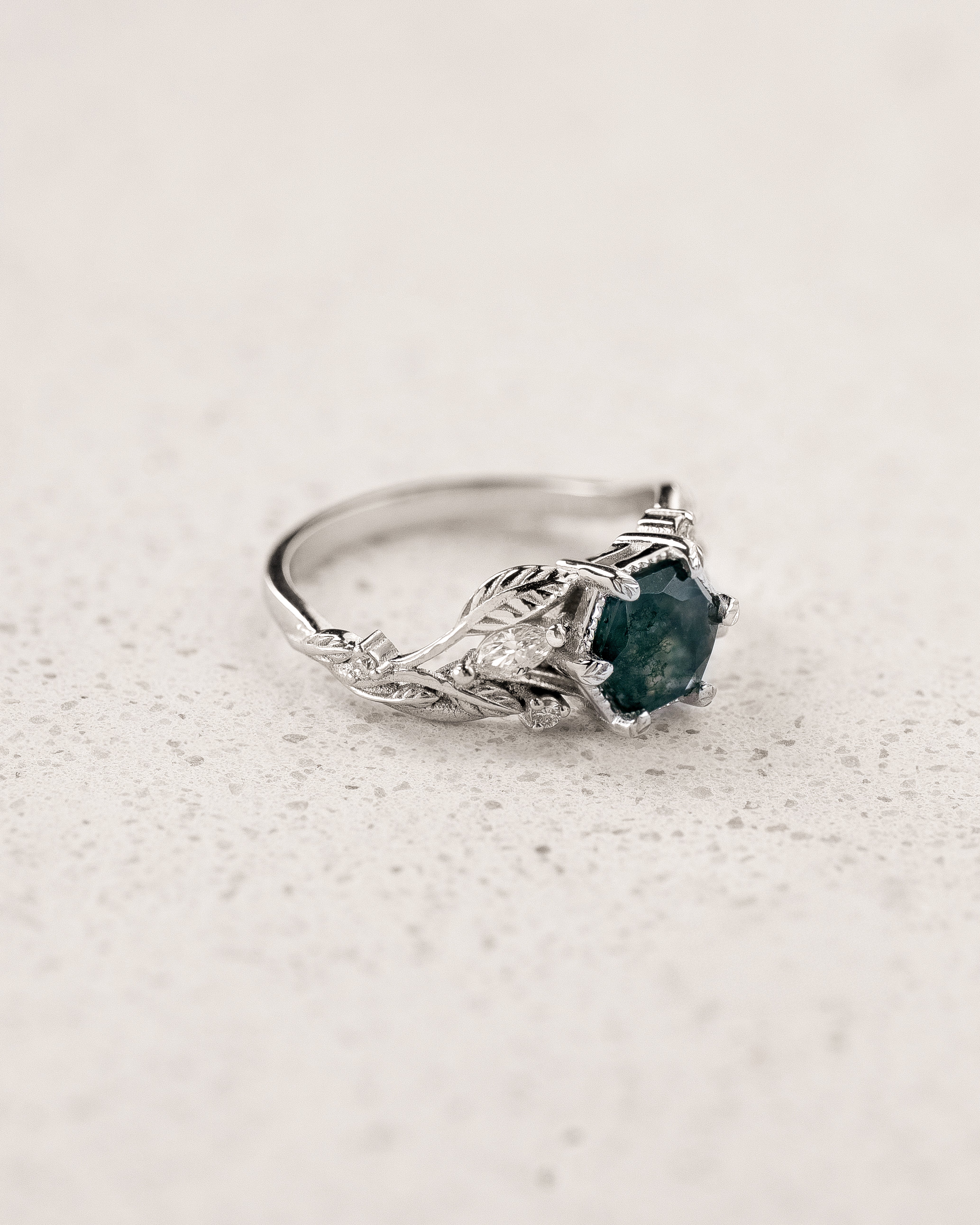 Engagement Ring with Hexagon-Cut Green Moss Agate / Patricia - Eden Garden Jewelry™