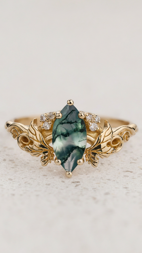 Engagement Ring with Marquise-cut Moss Agate / Vineyard - Eden Garden Jewelry™