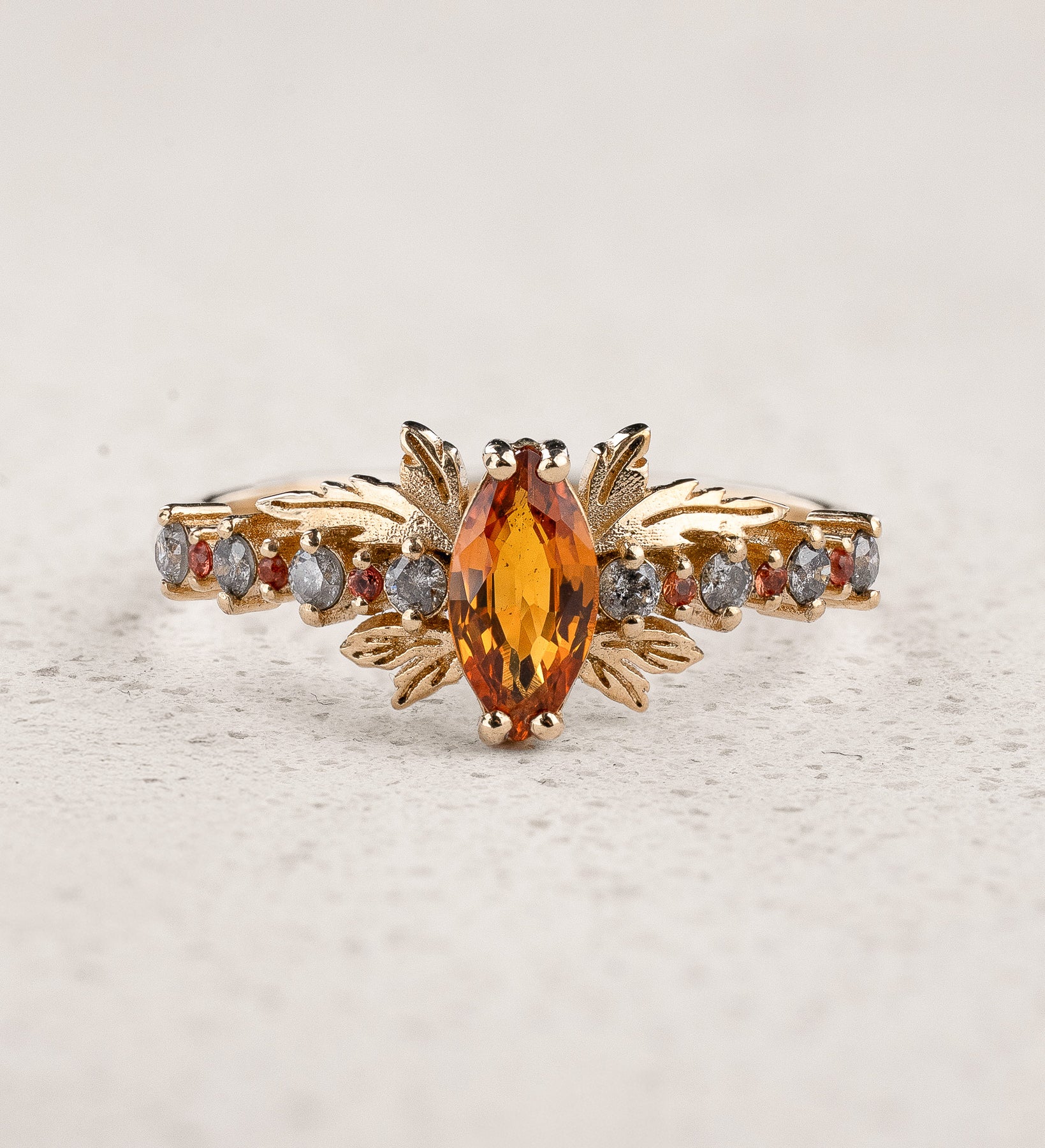 Engagement Ring with Marquise-cut Orange Sapphire and Salt & Pepper Diamonds / Verbena - Eden Garden Jewelry™