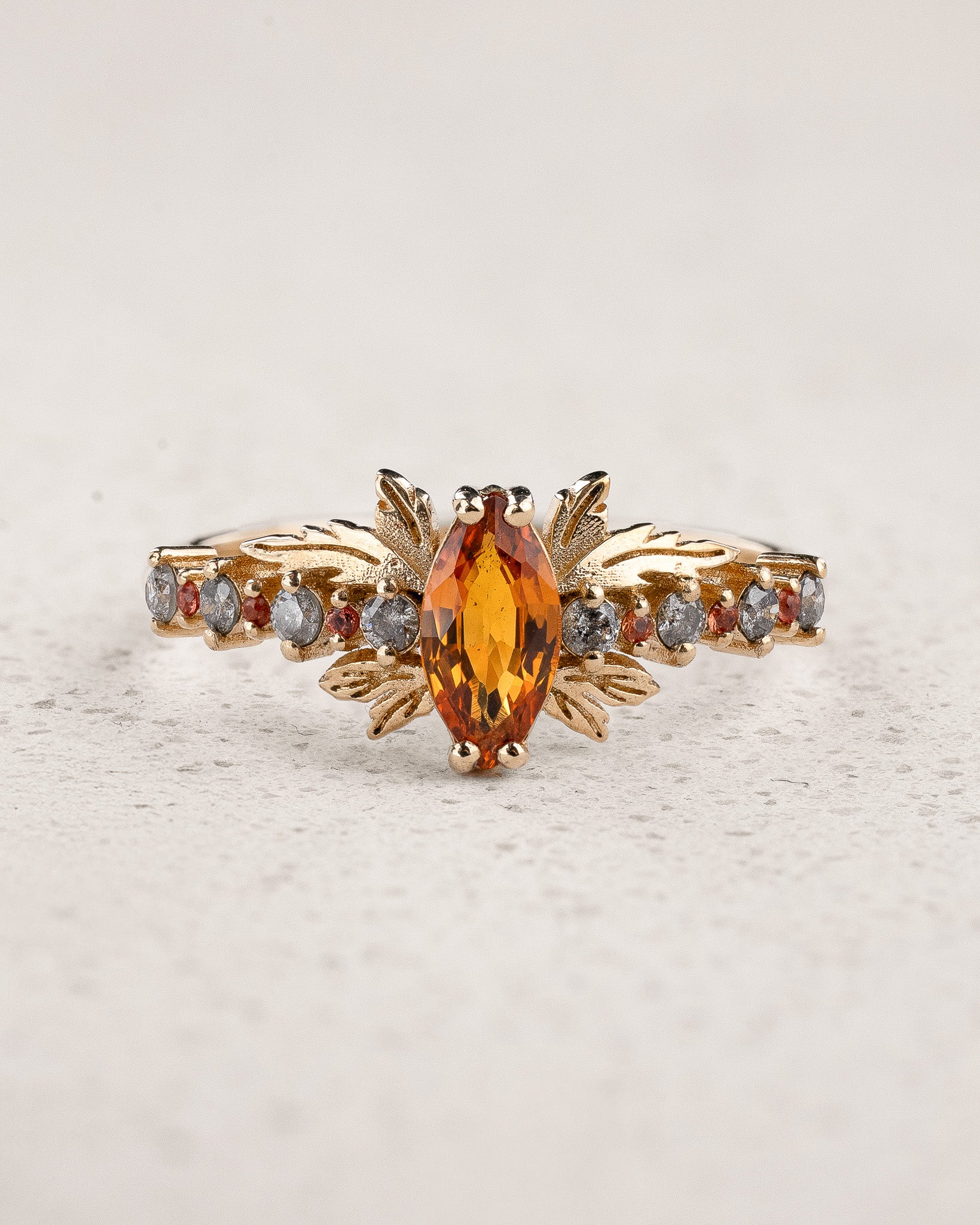 Engagement Ring with Marquise-cut Orange Sapphire and Salt & Pepper Diamonds / Verbena - Eden Garden Jewelry™