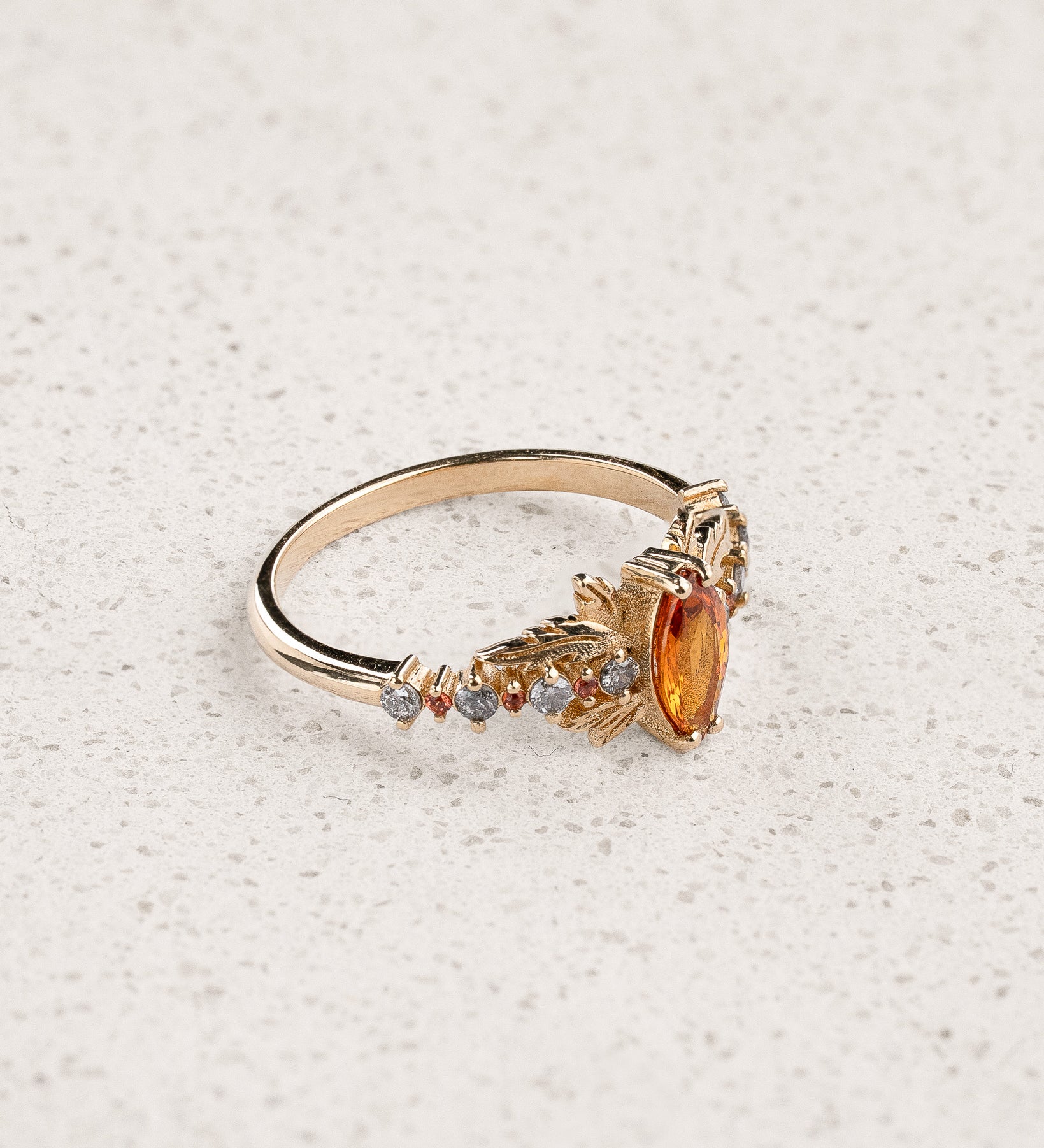 Engagement Ring with Marquise-cut Orange Sapphire and Salt & Pepper Diamonds / Verbena - Eden Garden Jewelry™