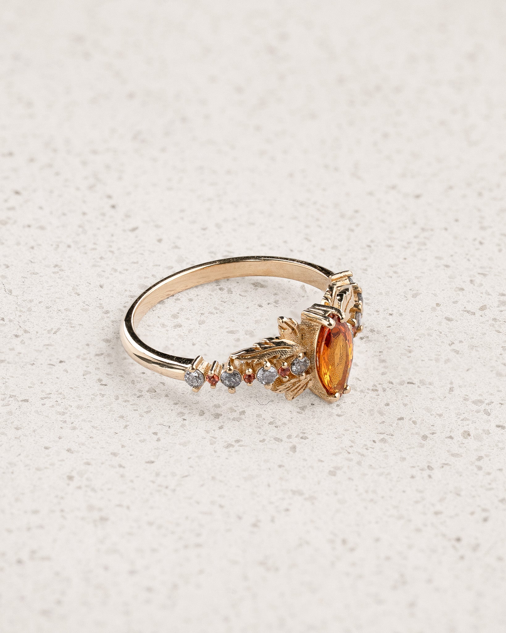 Engagement Ring with Marquise-cut Orange Sapphire and Salt & Pepper Diamonds / Verbena - Eden Garden Jewelry™