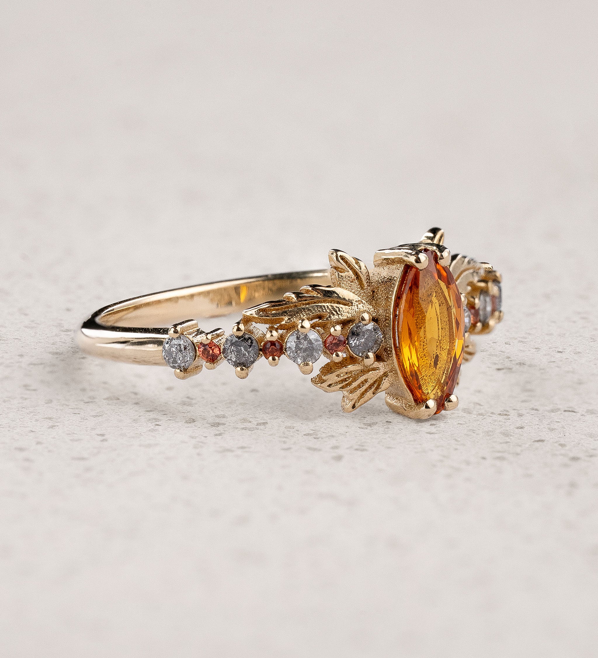 Engagement Ring with Marquise-cut Orange Sapphire and Salt & Pepper Diamonds / Verbena - Eden Garden Jewelry™