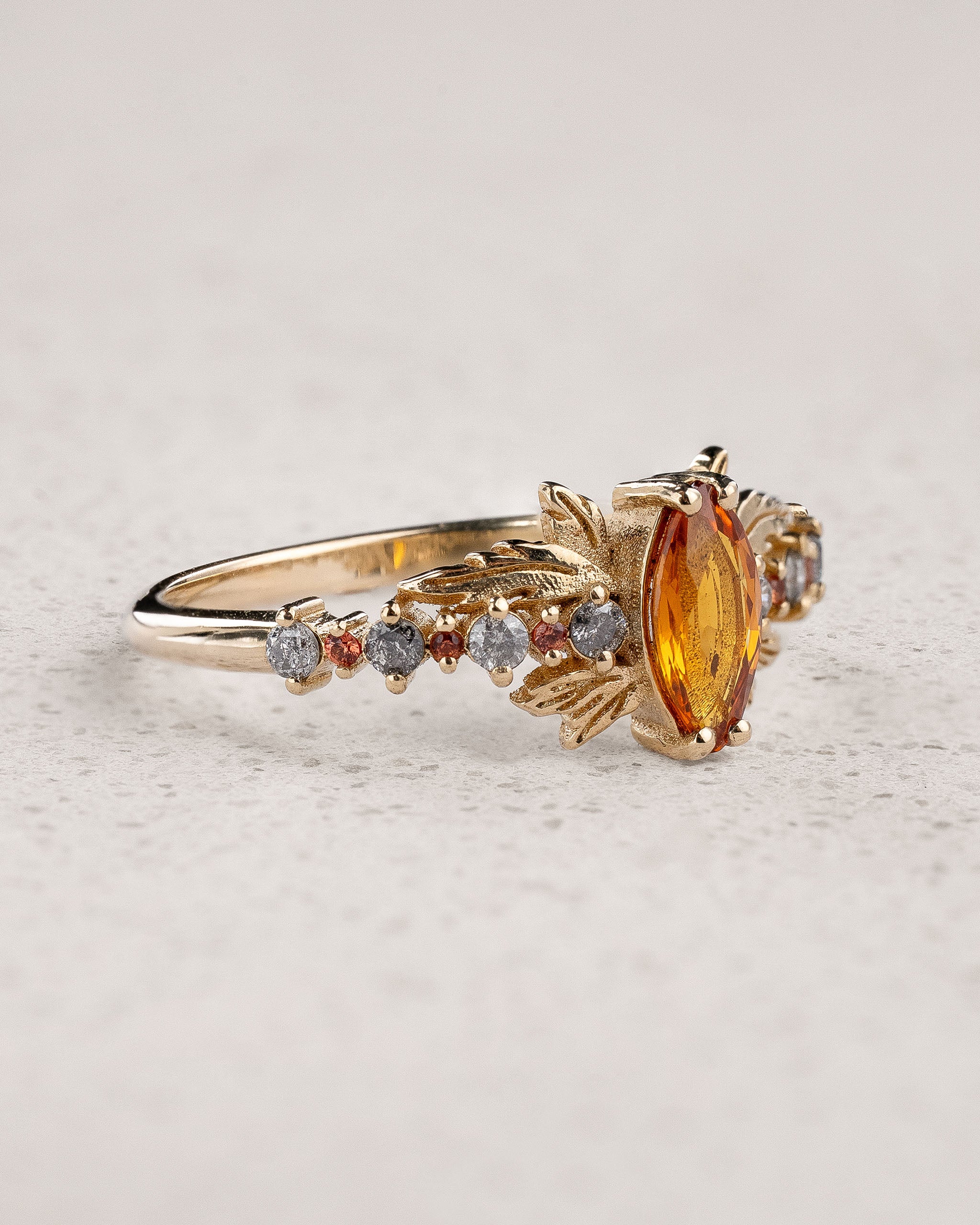 Engagement Ring with Marquise-cut Orange Sapphire and Salt & Pepper Diamonds / Verbena - Eden Garden Jewelry™