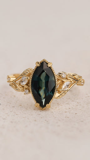 READY TO SHIP Patricia ring with marquise-cut natural teal sapphire, 14K yellow gold, AVAILABLE RING SIZES 5.5 - 8.5 US - Eden Garden Jewelry™