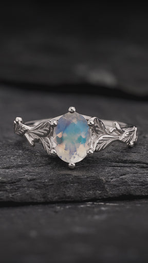 Engagement Ring with Oval Moonstone Framed by Leaves / Freesia - Eden Garden Jewelry™