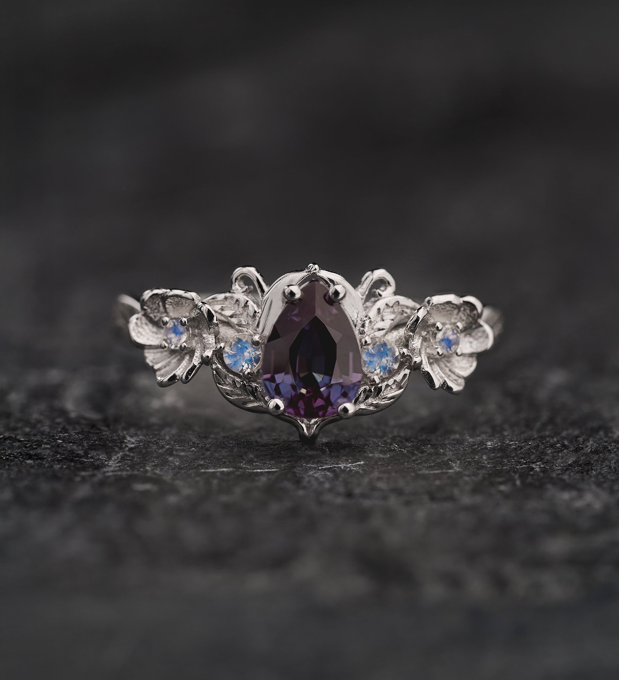 Engagement Ring with Pear-Cut Colour-Changing Alexandrite and Moonstones / Adelina - Eden Garden Jewelry™