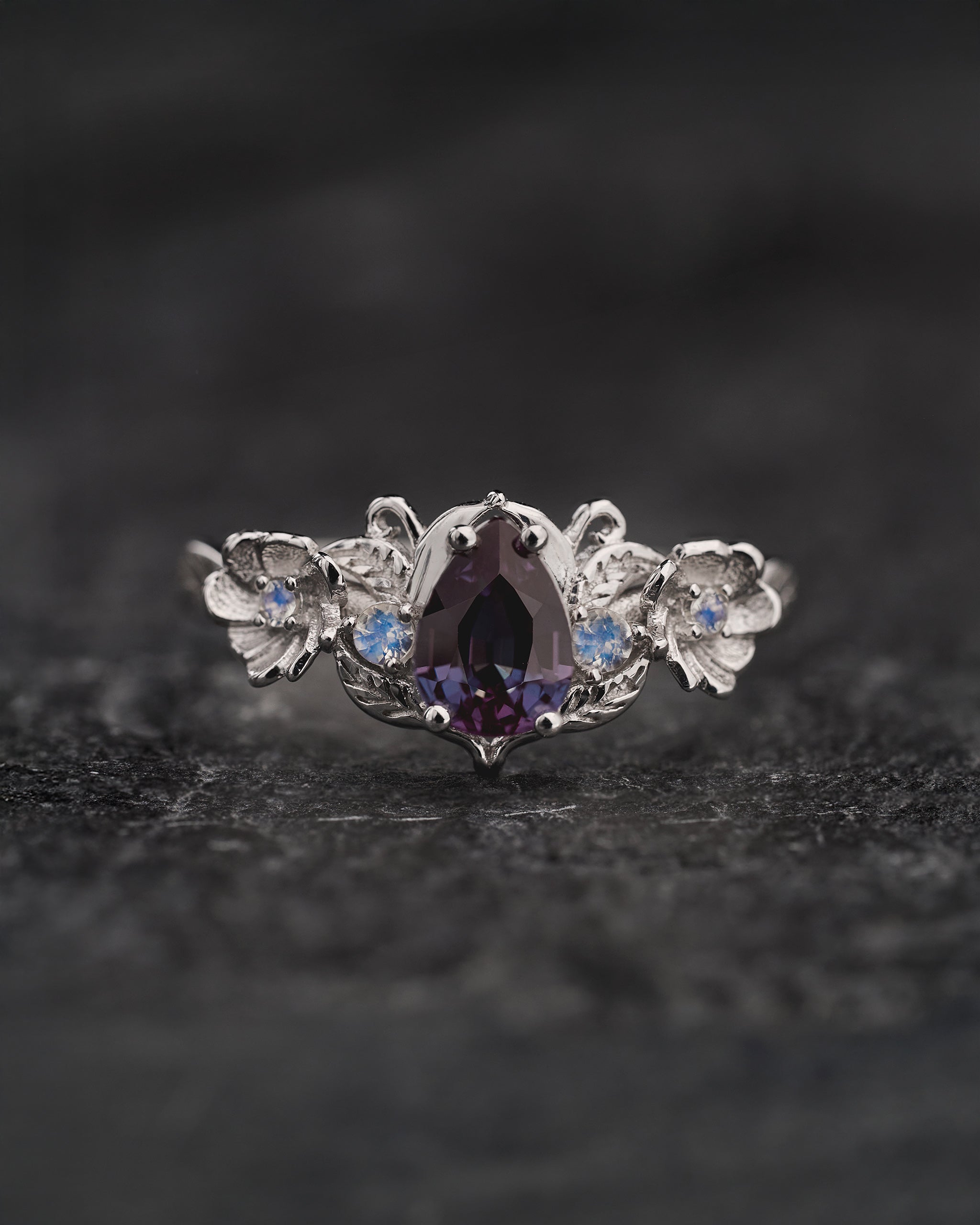 Engagement Ring with Pear-Cut Colour-Changing Alexandrite and Moonstones / Adelina - Eden Garden Jewelry™