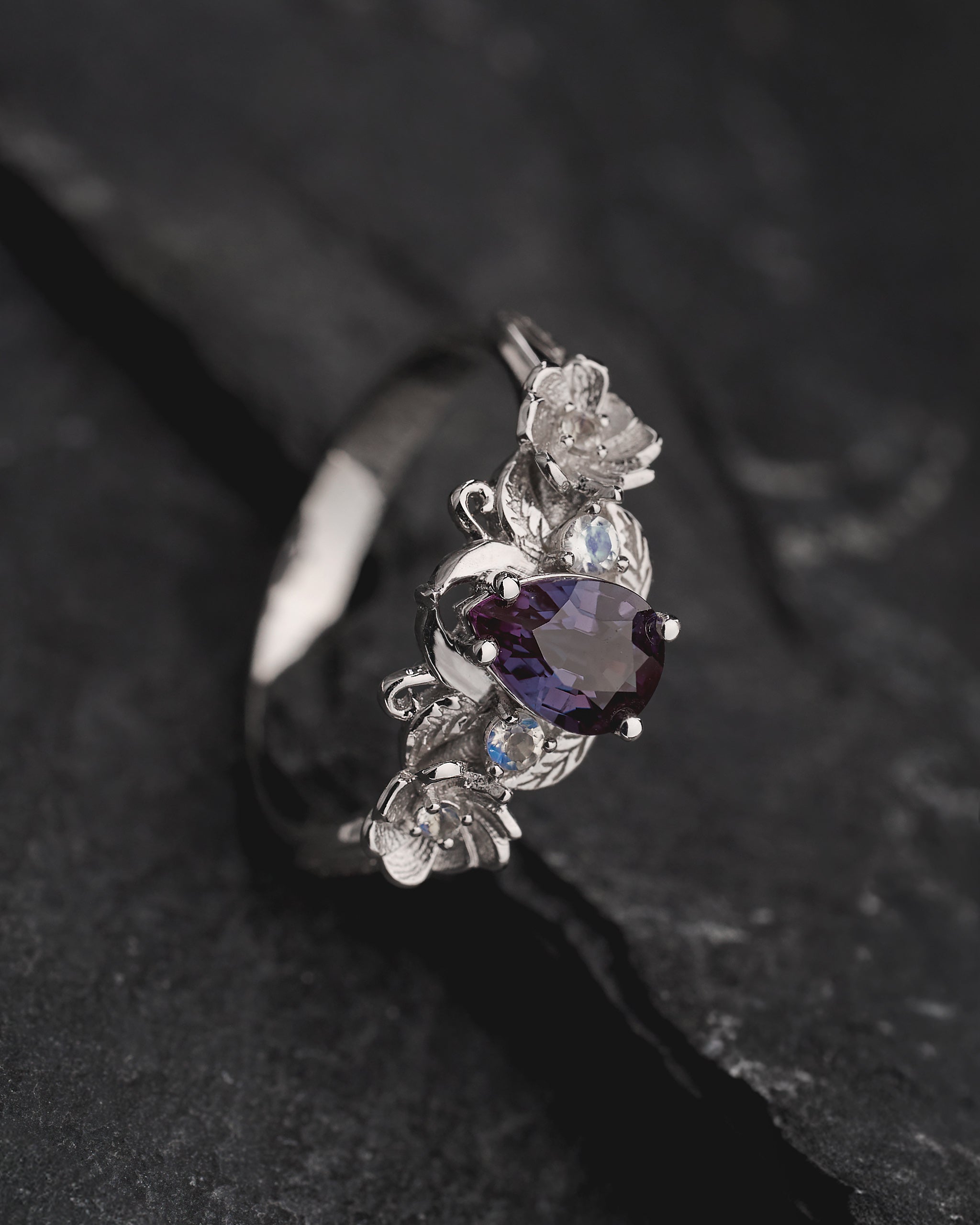 Engagement Ring with Pear-Cut Colour-Changing Alexandrite and Moonstones / Adelina - Eden Garden Jewelry™