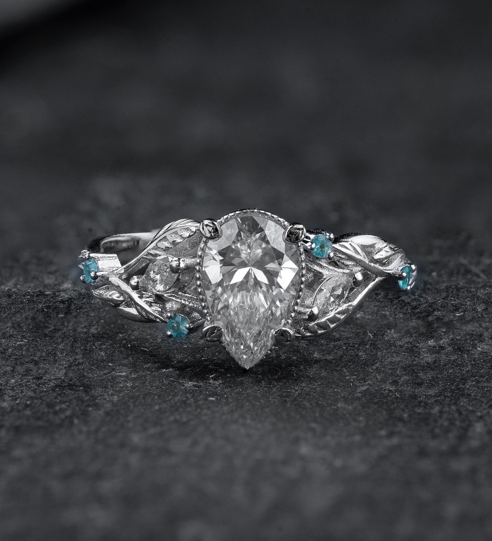 Engagement Ring with Pear-Cut Diamond & (Natural) Paraiba Tourmalines / Patricia - Eden Garden Jewelry™