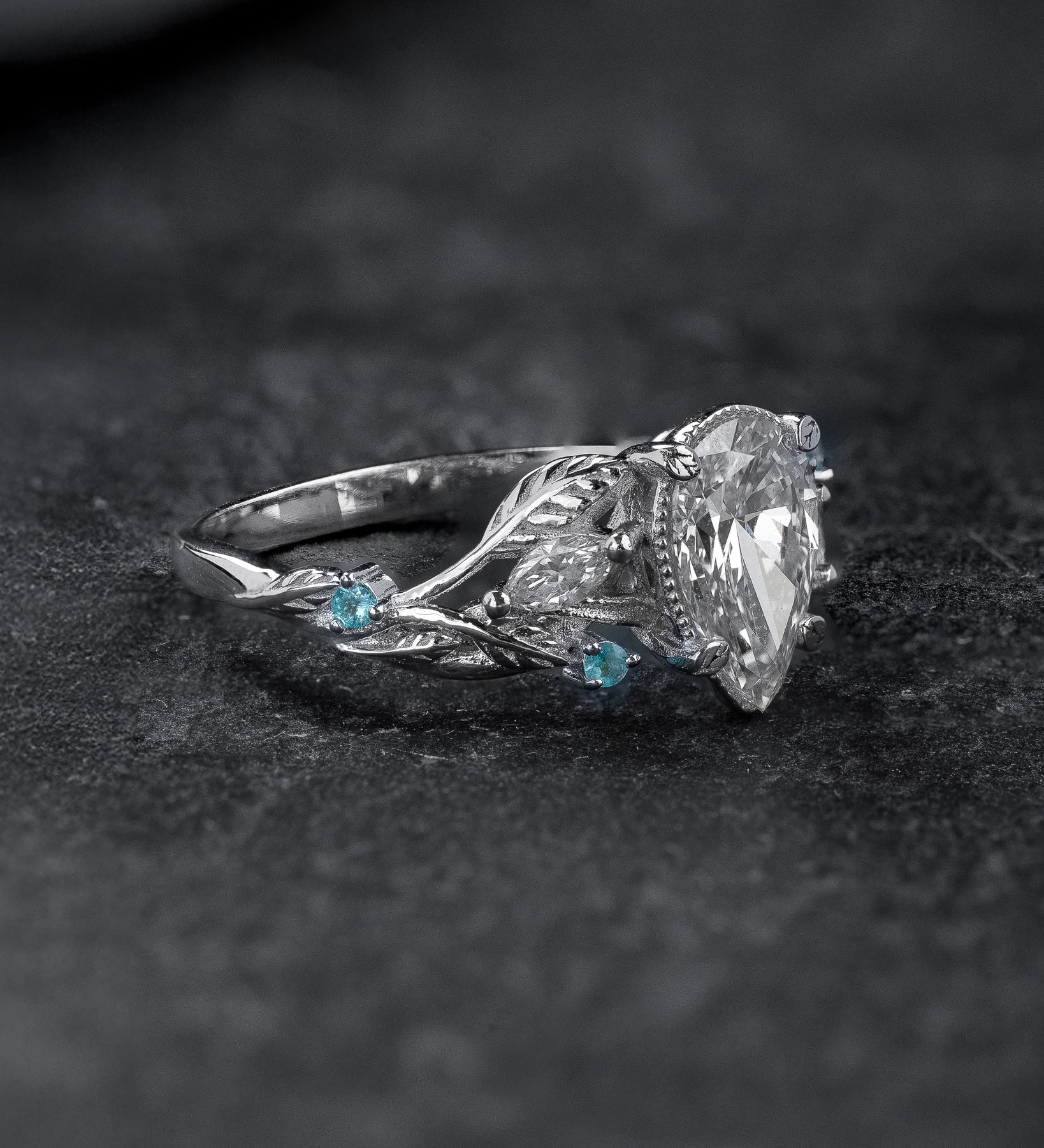 Engagement Ring with Pear-Cut Diamond & (Natural) Paraiba Tourmalines / Patricia - Eden Garden Jewelry™