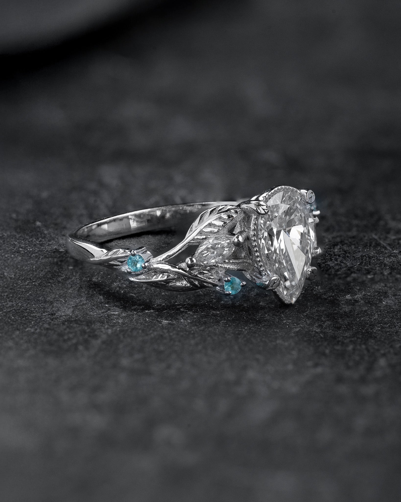 Engagement Ring with Pear-Cut Diamond & (Natural) Paraiba Tourmalines / Patricia - Eden Garden Jewelry™