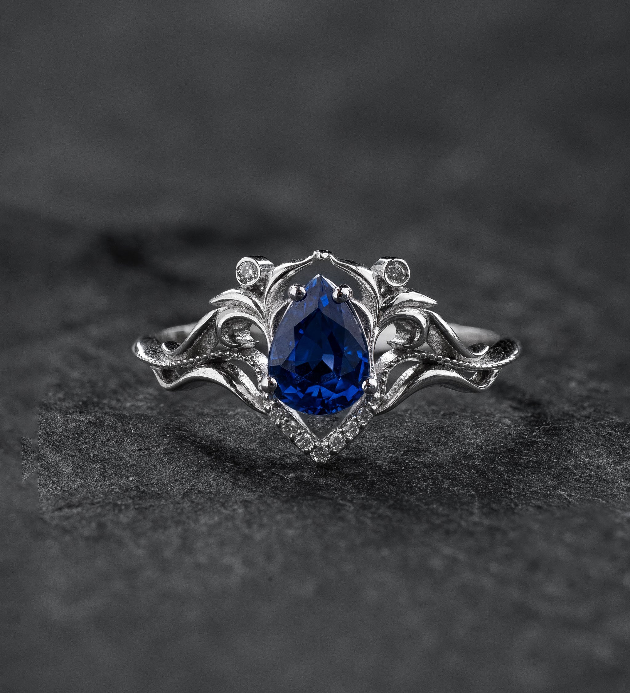 Art Nouveau Engagement Ring with Pear-cut Blue (Natural) Sapphire / Lida - Eden Garden Jewelry™