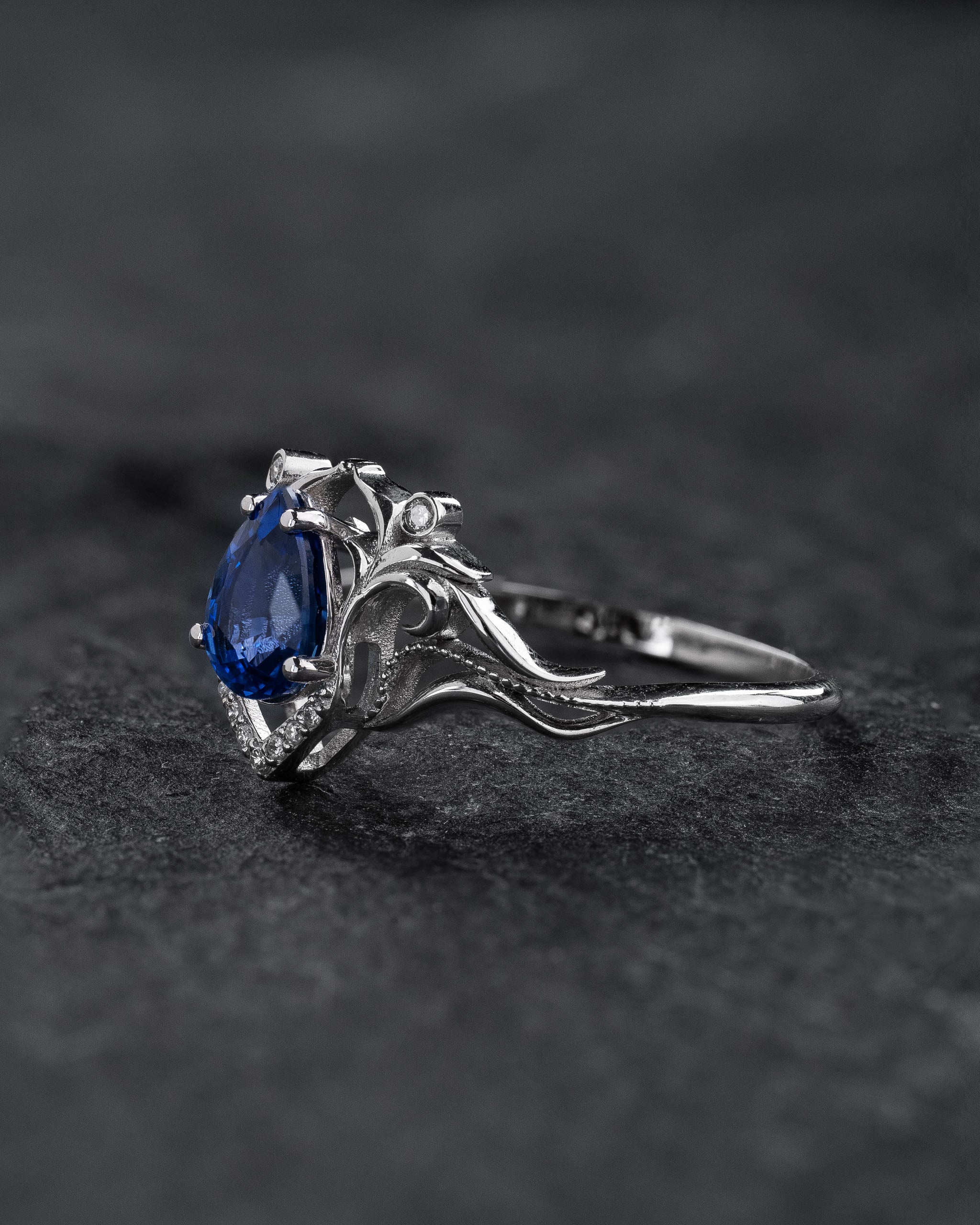 Art Nouveau Engagement Ring with Pear-cut Blue (Natural) Sapphire / Lida - Eden Garden Jewelry™